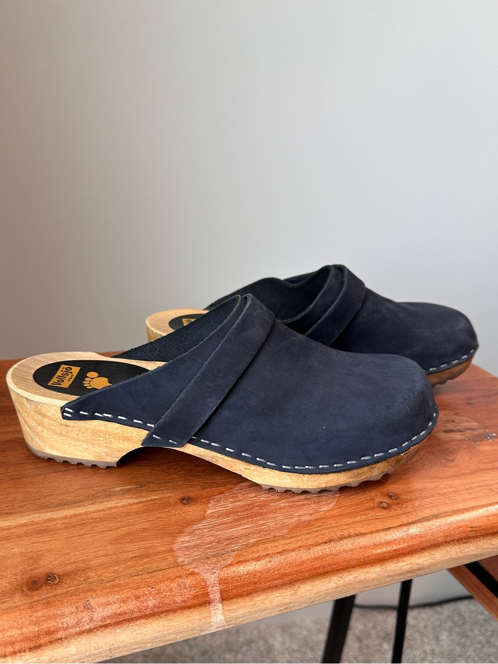 Vollsjö Navy Suede Wooden Clogs Handmade Swedish Slip On Mules EU 40 US 9 EUC